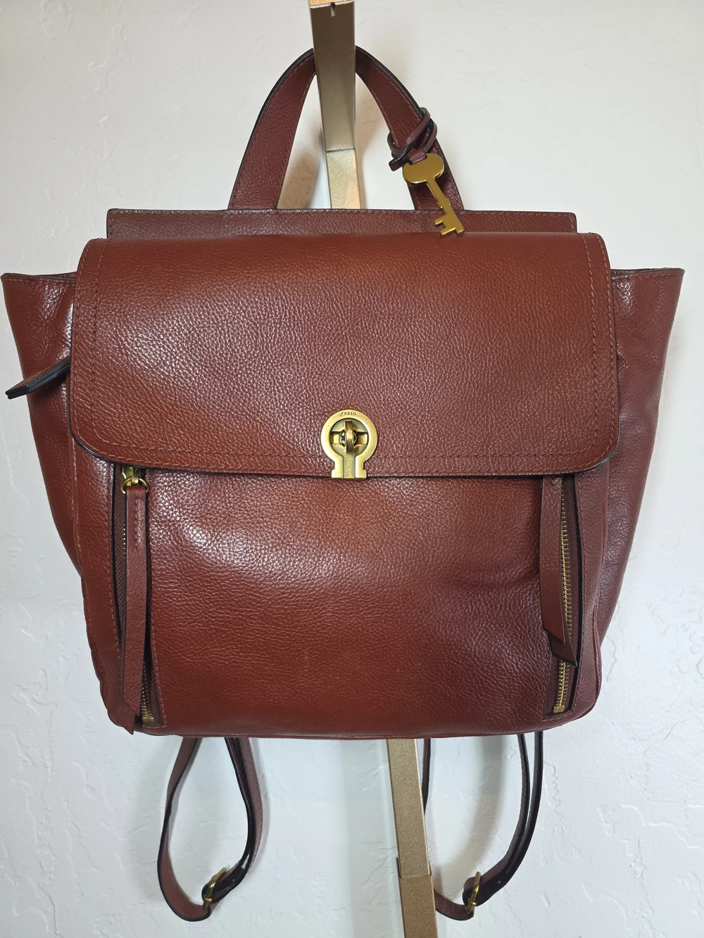 Fossil Amelia Brown Pebbled Leather Convertible Backpack Top Handle Bag Gold Key